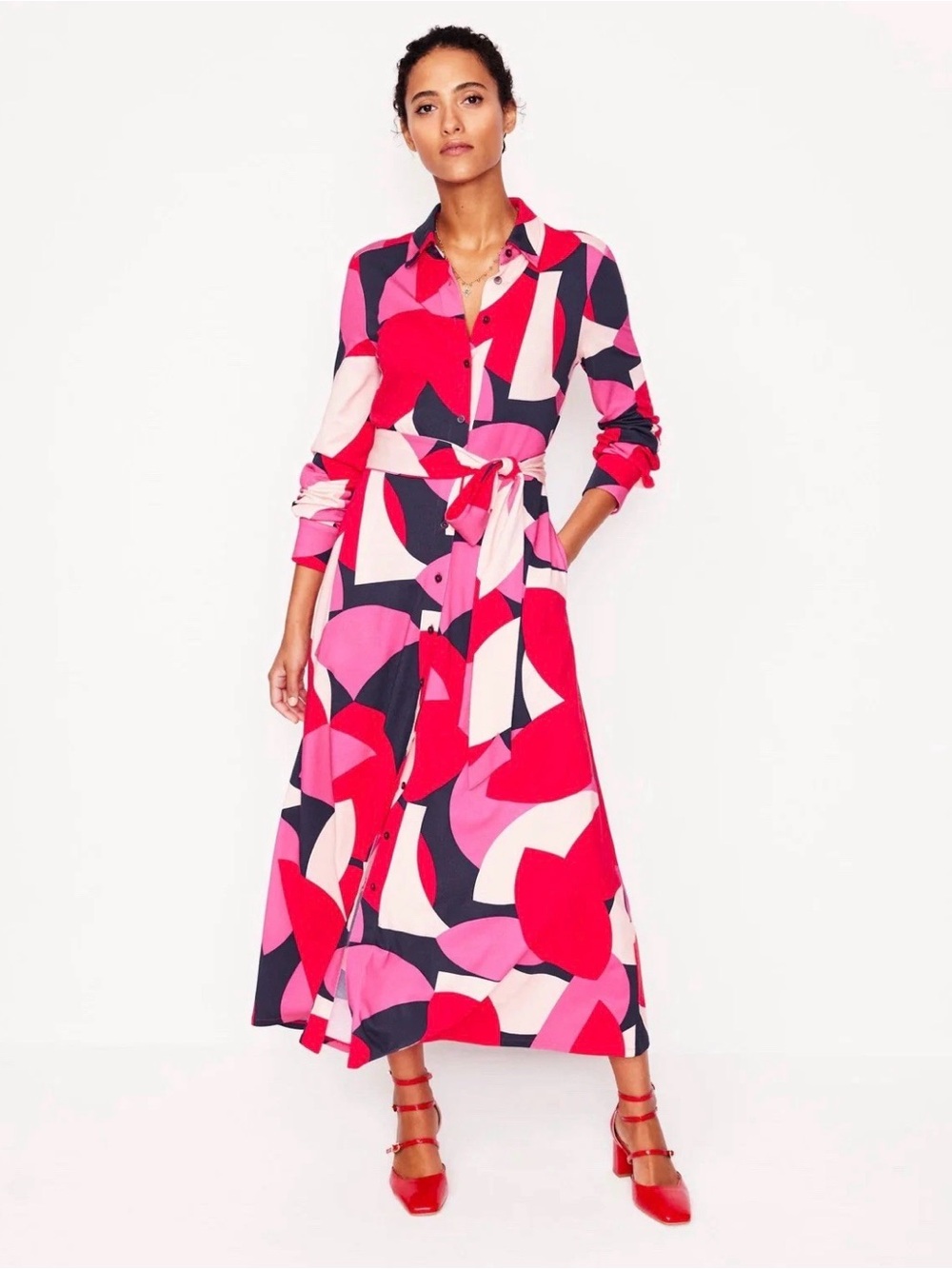 Boden Bold Geo Maxi Shirt Dress in Pink, Red and Navy